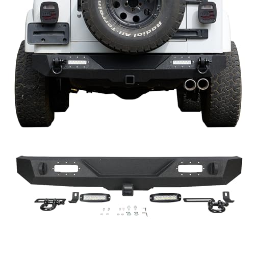GarveeTech Rear Bumper Compatible with 1997-2006 Wrangler TJ (2/4 Door) Heavy Duty Off-Road Steel Bumper w/ 2 D-Rings & LED Lights Full Width Black Rock Crawler Style