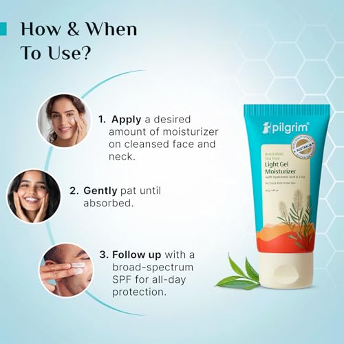 Pilgrim Australian Tea Tree Light Gel moisturizer for face for oily & acne prone skin with Hyaluronic acid & CICA |Tea tree light non-oily moisturizer for face |For women & men | 80 gm