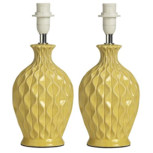 Image of 2 Pack - Mustard Yellow Vintage Ceramic Table Desk Lamp Base | 28cm Height | 1 x SES E14 Lamp Bulb Required | in-Line Switch | UK Approved | Honeycomb Urn Design