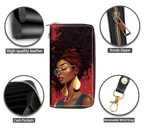 African American Women Print Women Large Capacity PU Leather Zip Around Wallet, Multifunctional Clutch Purse for Cash/Card/Coin/Smart Phone4