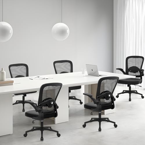 Image of KLASIKA Desk Chairs with Wheels, Ergonomic Mesh Back PU Leather Seat Home Office Adjustable Lumbar Support and Height Swivel Rolling Computer Task Chair with Flip Up Arms for Conference, Black, 14PK
