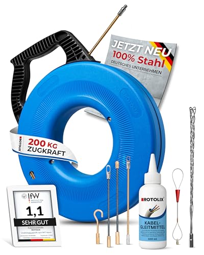 ROTOLIX Kabeleinziehhilfe Einziehspirale 30m Kabel Einzugshilfe für Leerrohr mit Premium-STAHL-Seil & 200 KG Zugkraft | Einziehhilfe Zugdraht für Elektro & Glasfaser