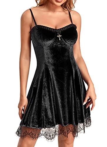 TOPMELON Vintage Gothic Dress Goth Mini Dress Sexy Velvet Dress Club Lace Dress Retro Punk Dress Black