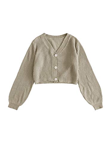 MakeMeChic Women s Solid V Neck Button Front Bishop Sleeve Cardigan Crop Top Khaki M