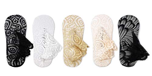 Women Sheer Transparent Lace Embroidery Panel Crystal Sparkly Socks 5 Pack