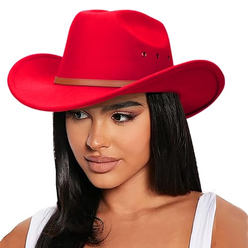 Image of DRESHOW Cowboy Hat for Women and Men Classic Western Felt Cowboy Cowgirl Hat Outdoor Wide Brim Belt Buckle Retro Fedora Hats Unisex Rolled up Caps