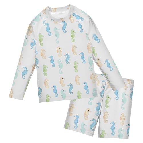 Cute Seahorse Boys Rash Guard Swimsuits Set for Boys Long Sleeve Swim Shirts Bathing Suits with Trunks B0404647