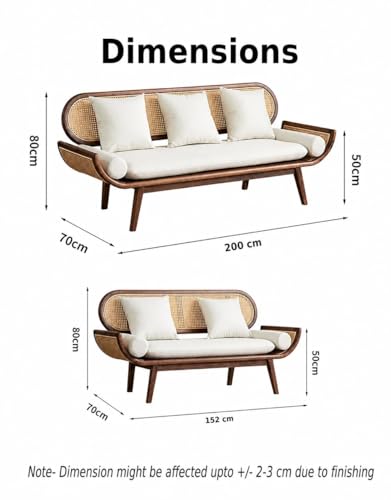 Image of Modern Rattan Cane Sofa with Curved Arms Wooden Frame, Beige Cushions and Throw Pillows Sofa for Living Room, Bedroom, Hallways (3+2 Seater)