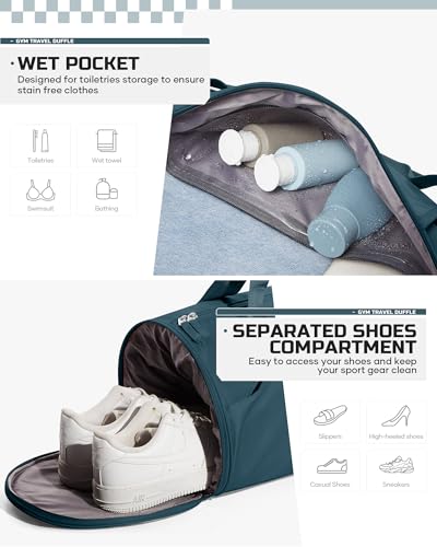 Image of Gym Bag for Women and Men With Wet & Shoe Compartment - Small Duffle for Travel, Sport, Workout, Overnight Weekender - Carry-on Tote - Peacock Blue