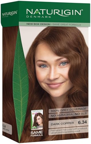 Image of Naturigin Permanent Hair Color, 6.34 Dark Copper, Ammonia Free, 100% Gray Coverage, Nourishing Natural Formula, For All Hair Types, Long-Lasting, Vegan & Cruelty-Free, 1 Pack