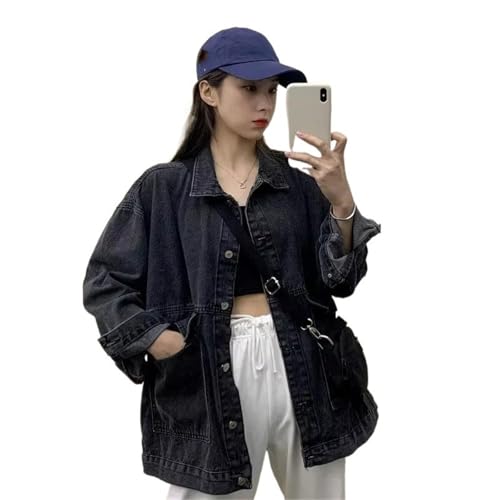 Veste en Jean pour Femmes Manches Longues Denim Noir Souple Manteau Casual Coupe Large