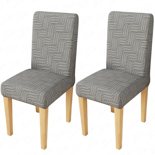 Image of Lukzer Elastic Dining Chair Cover - 2PC Pastel Dark Grey Ripple Lines | Textured High Stretch Jacquard Seat Cover | Removable Washable Short Dining Chair Cover Protector Seat Slipcover | (CC-164-02)