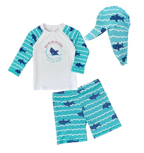 Baby Toddler Boys Two Pieces Swimsuit Set Swimwear Dinosaur Bathing Suit Rash Guards with Hat UPF 50+ (Blue Ocean,3-4 T)