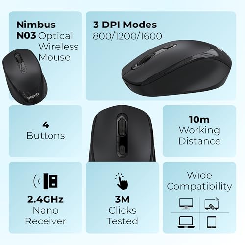 Image of Geonix Nimbus 03 Optical Wireless Mouse, Range 10m, 4 Buttons; 2.4GHz Nano Receiver, 3 DPI Modes, 2*AA Cell, Optical Orientation, Plug & Play