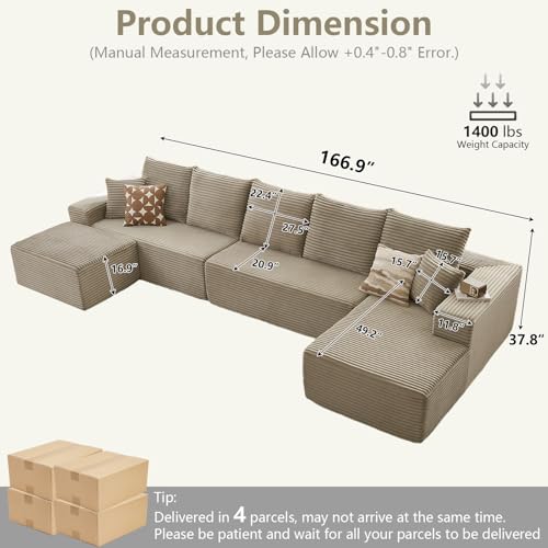 Image of Lakifun 166.9 inch U-Shape Cloud Couch, Modern Modular Sectional Comfy L-Shape Sofa with Ottoman, Deep Seat, Upholstered Corduroy Sleeper Chaise Longue for Living Room Bedroom, No Assembly Required, Camel