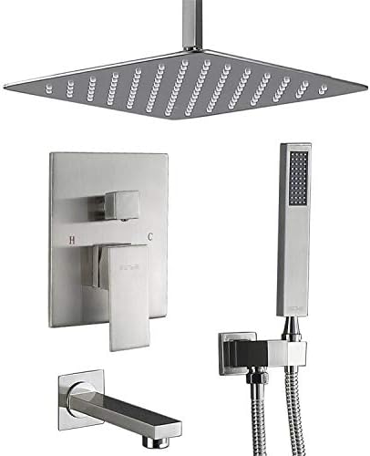 Esnbia Shower System, Brushed Nickel Ceiling Shower Tub Faucet Set with Tub Spout and 10" Rain Shower Head Bathroom Shower Set All Metal(Contain Shower Faucet Rough-In Valve)