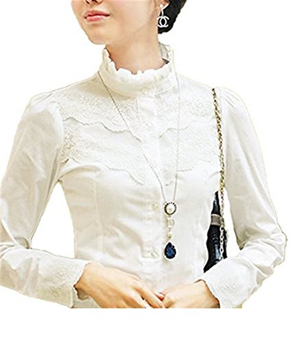 Blusa para mujer Nonbrand, de mangas largas, de invierno, diseño con encaje, estilo victoriano y vintage, para la oficina Blanco blanco Talla 38 (Talla del fabricante: M)