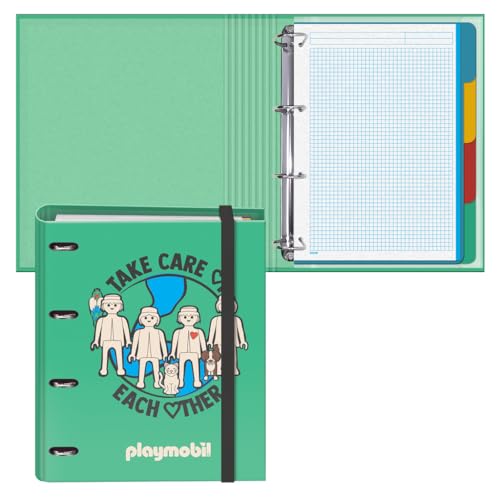 Dohe - Ordner mit 4 Ringen mit Nachfüllung, 100 Blatt, A4, Gummiverschluss, 4 farbige Trennblätter, Dokumententasche, Papier 90 g/m², Kompressor, Schulmaterial - Playmobil Green Future