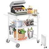 Ciokea Folding Outdoor Grill Cart with Wheels, 3-Shelf Grill Table with 27x18 inch Stainless Steel Top, Rolling Pizza Oven Stand, Metal Portable Cart for BBQ Patio Camping (White)