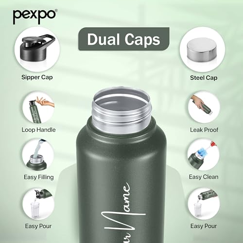 Image of Go24 pexpo Water Bottle 1 ltr Stainless Steel Sports /Fridge Bottle with Dual Cap Customize | Single Wall | For Home, Office, Gym, Travelling | Lightweight | BPA Free | Chromo 950ml |Military Green