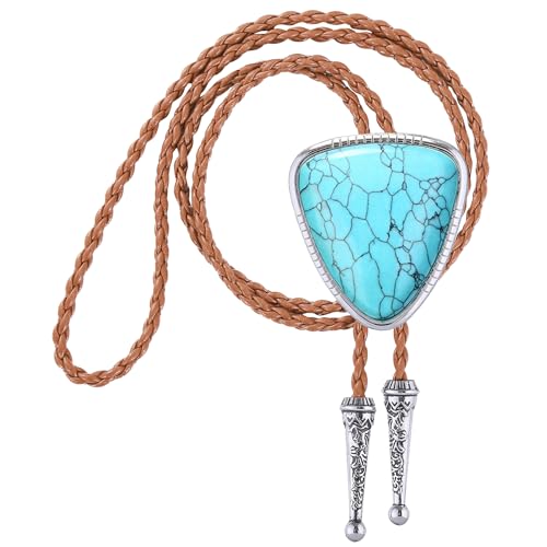 Image of Jeilwiy Bolo Tie for Men Real Stone Westwern Cowboy Ties Silver Bolos Women Leather Necktie Gift for Birthday Christmas