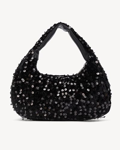 Image of NEWBELLA Women's Sequin Fringe Hobo Evening Bag - Sparkly Shoulder Purse for Cocktail Party, Date Night, Wedding & Special Occasions(Dark Black)