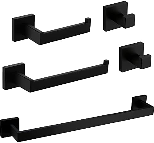 5-Piece Bathroom Hardware Set In Matte Black - Towel Bars, Ring, Toilet Paper Holder & Hook