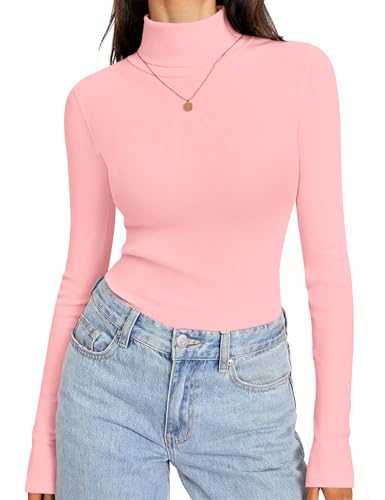 Totatuit Top Mujer Cuello Alto Manga Larga Ceñido Color Liso Estilo Casual Chic Otoño Invierno Rosa，L