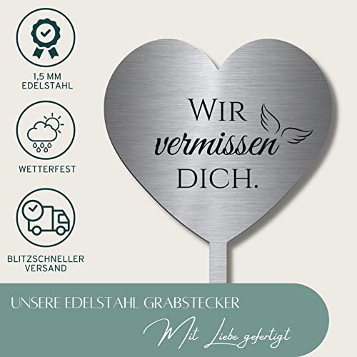 CHRISCK design Herz Grabstecker Grabschmuck aus Edelstahl mit Namen oder Spruch - Wir vermissen Dich Grabschmuck wetterfest Urnengrab - persönliche Grabdeko individuell gestalten (Personalisierbar)