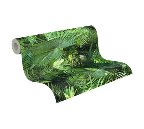 A.S. Création Neue Bude 2.0 Vliestapete mit Palmenblättern 0,53 x 10,05 m – Grün, Dunkelgrün – Dschungel Tapete Made in Germany – 362001