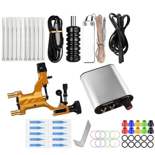 Toyvian Kit de Tatuaje Completo Portátil en Aleación de Aluminio y Acero Inoxidable y Aguja Resistente Motor Rotativo Color Dorado para Principiantes