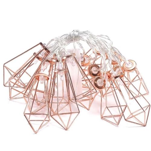 Image of MoonlitDreams 10ft 20 LED Rose Gold Geometric Diamond Fairy String Lights, Metal Water Drop Cage Copper Wire Lights, Battery Operated for Home Decor, Wedding, Christmas & Garden (Pack of 1)
