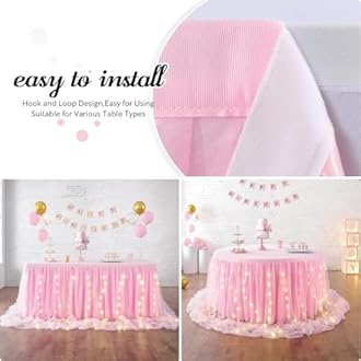 Pink Tulle Table Skirt for Baby Shower,9FT Pink Ruffle Tutu Table Skirt with LED Light for Princess Girls Birthday Party Cake Dessert Table Decorations