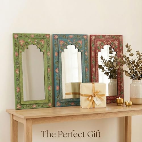 Image of Multicolour Handpainted Wooden Mirror (Set of 3) | Handcrafted Arch Design with Floral Motifs | Rajasthani Jharokha Style Mirror | Framed Wall Hanging for Home, Bedroom | 18x9.5 Inch