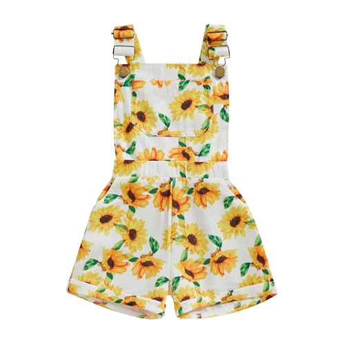 Image of Ayalinggo Toddler Baby Girl Sunflower Print Overalls Shorts with Pocket Suspender Trousers Cute Summer Clothing Outfit