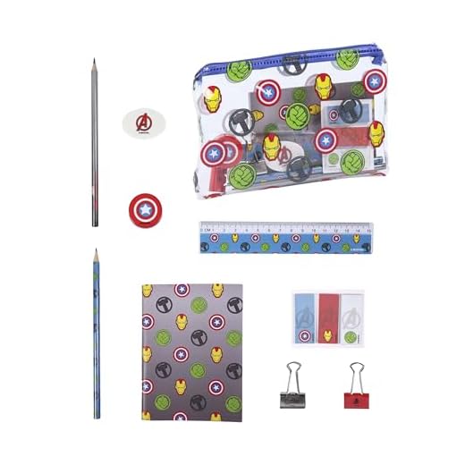 Marvel Avengers Juego de Papelería, Incluye Lápices, Regla, Cuaderno A6, Borrador, Sacapuntas, Notas Adhesivas, Clips, Estuche, Set Escolar para Niños
