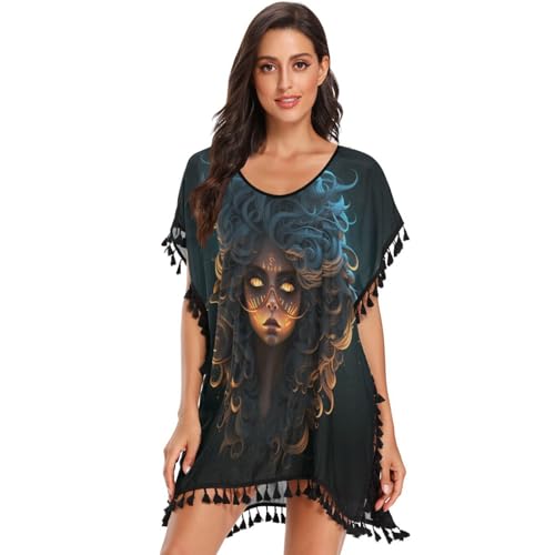Fire Fox Abstract Art Women's Beach Cover Up Chiffon Tassel Swimwear Swimsuit Coverups for Girl