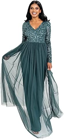 Maya Deluxe Damen Women's Dress Long Sleeve for Wedding Guest V Neck High Empire Waist Maxi Long Length Evening Brides Kleid, Emerald Green, 50 EU