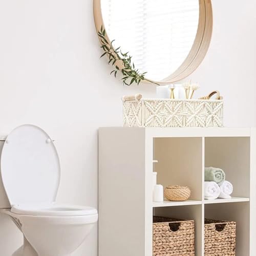 Image of Generic Macrame Storage Basket Tray - Cotton Lined Boho Decor Hamper with Wooden Handle for Gifts, Events, Parties, Bedroom, Bathroom, Home Decoration - Of-White - (Set of 2)