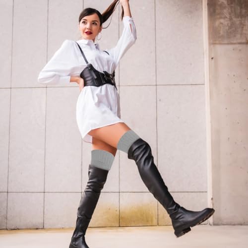 2 Pairs Thigh High Socks Cable Knitted Thigh High Boot Socks Over Knee Leg Warmers Fluffy Winter Stockings for Women Pink+Grey, One Size2