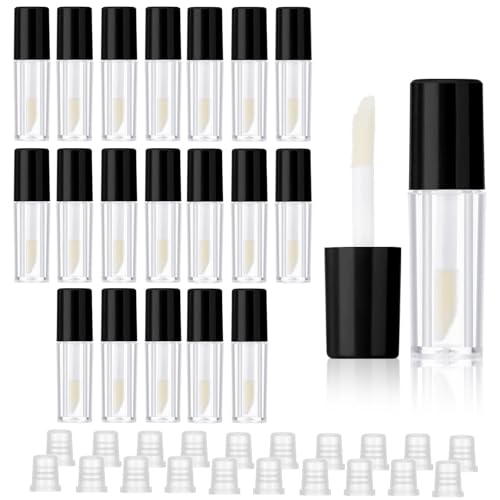 20Pcs Empty Lip Gloss Tubes, 1.2ml Refillable Mini Lip Gloss Containers Bottles Clear Lipgloss Tubes with Wand Cosmetic Containers for Lipstick Samples Travel Carry (Black)