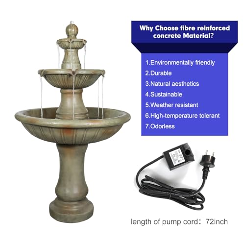 Image of SunJet 51.5 inch High 3-Tiers Modern Concrete Outdoor Water Fountain - Round Large Outdoor Fountains and Waterfalls for Garden, Patio, Yard, and Deck Decor, Featuring Natural Stone Look