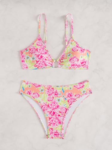 Image of Fanuerg Women's Triangle Bikini Sets O Ring Linked Two Piece Swimsuits Floral Printed Cheeky Bathing Suit