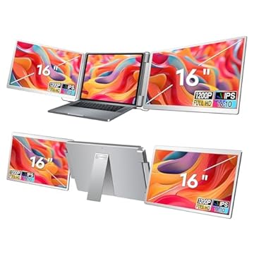 Monitor Portátil Triplo, 16''FHD IPS Monitor portátil FHD 1080P, Tipo C/HDMI/USB-A Plug & Play, para Laptop de 12-18.5 Polegadas