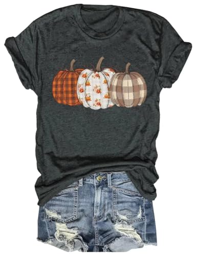 Beopjesk Fall Checkered Pumpkin T-Shirt for Women Autumn Halloween Thanksgiving Graphic Tee Tops (Dark Grey,M)