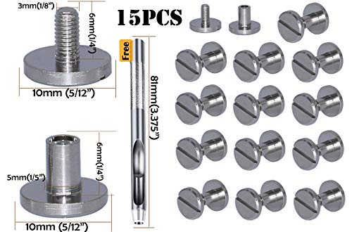 M5X6 Brass Chicago Screws 15PACK Rivets Bookbinding Stud Screws Nail Rivet Flat Head Screwing Fasteners Screw Posts Chicago Screw DIY Purse Collar Belt Shoes Case Jean Leather (Height 6mm, Silver) - Thumbnail 6