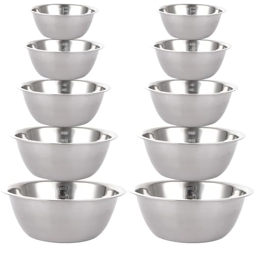 LOPYXBR 10 Piece Stainless Steel Mixing Bowls for Baking, Metal Mixing Bowl with Measuring Marking, Mixing Bowl Set for Kitchen, Prepping, Dishwasher Safe (0.58L, 0.9L, 1.6L, 2.05L, 2.6L)