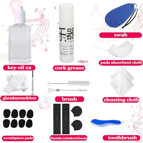 60 Pcs Clarinet Cleaning Kit, Saxophone Cleaning Kit,Clarinet Accessories,Mouthpiece Brush,Dust Brush,Cleaning Cloth,Clarinet Reeds Swabs,Finger Rest,Cork Grease,Pads Absorbent Cloth,Cleaning Care Kit