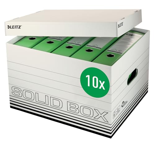 Leitz Solid Box Aufbewahrungs- und Transport-Schachtel, Größe L, Schachtel für Leitz A4 Archivbox oder A4 Ordner, Transportbox mit Deckel, 100 % geriffelter Recyclingkarton, 10 Stück, Weiß, 61190001