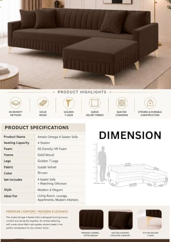 Image of AMATA Falcon 4 Seater L Shape Suede Velvet Fabric Brown Colour Sofa Set with Two Cushions Perfect for Home Office Guests Living Room (Falcon Brown, Falcon 4 Seater l Shape)(3 Year Warranty)
